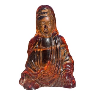 Rare Large Cambridge Amber Glass Buddha Bookend Figurine Art Deco Antique For Sale