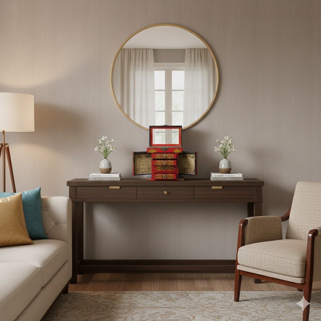 Wood Chinese Oriental Red Flower Birds Mirror Rectangular Jewelry Box For Sale - Image 7 of 14