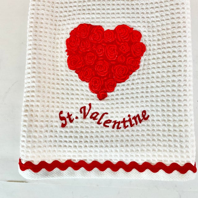 Vintage Hollywood Regency Waffle St. Valentine Kitchen Towel With Roses Heart. For Sale - Image 6 of 7