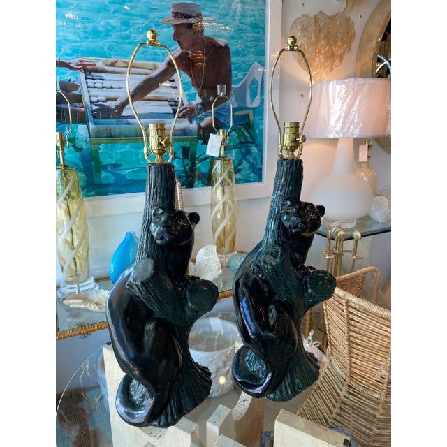 Vintage Pair of Mid-Century Modern Plaster Black Panther Cat Table Lamps For Sale - Image 13 of 13