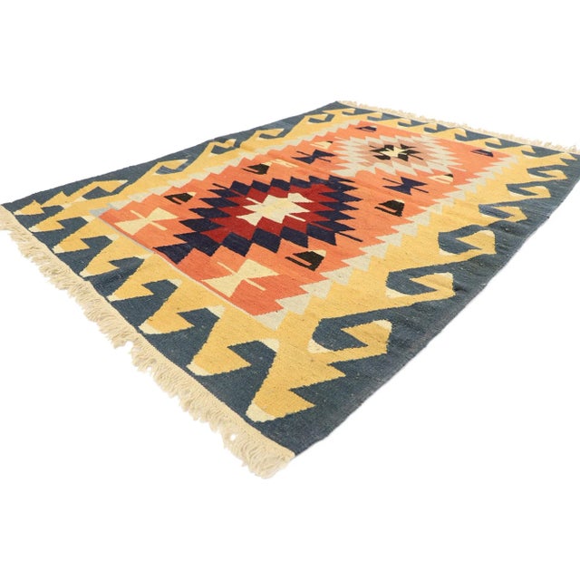 Vintage Persian Shiraz Kilim Rug with Tribal Style 03'10 x 05'04. Full of tiny details and a bold expressive design...