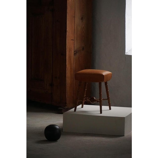Vintage Danish Turned Wood Stool with Leather Seat, 1930s For Sale - Image 4 of 13