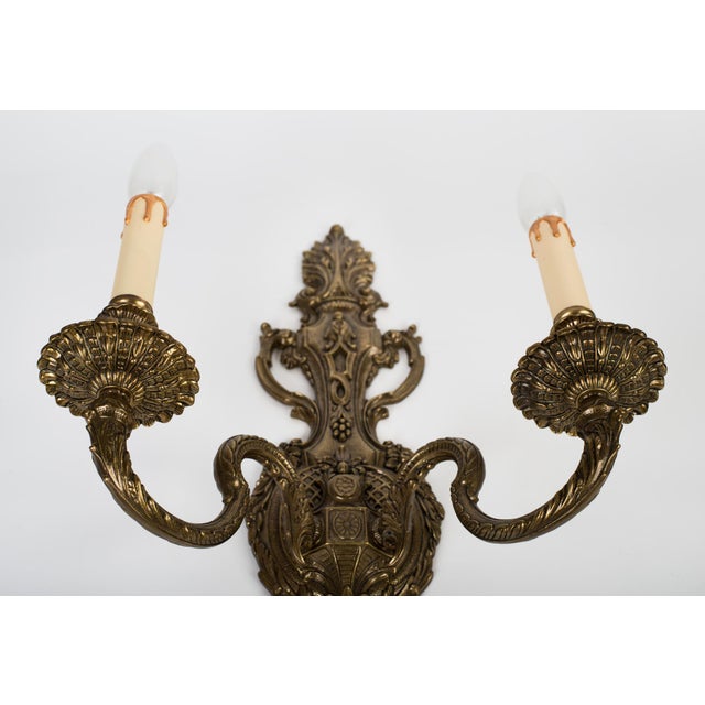 1950s Spanish Rococo Chased Brass 2-Light Wall Sconce For Sale - Image 4 of 11