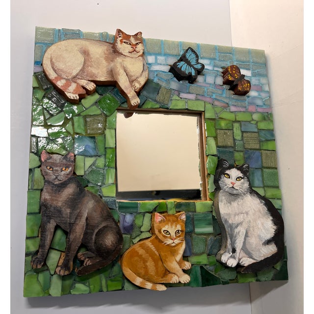 Wood Vintage Original Mosaic Painted Cat Mirror For Sale - Image 7 of 9