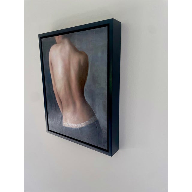 Figurative Eve by Kelly Birkenruth | Oil on Panel Back of a woman with lace detail on jeans. For Sale - Image 3 of 5