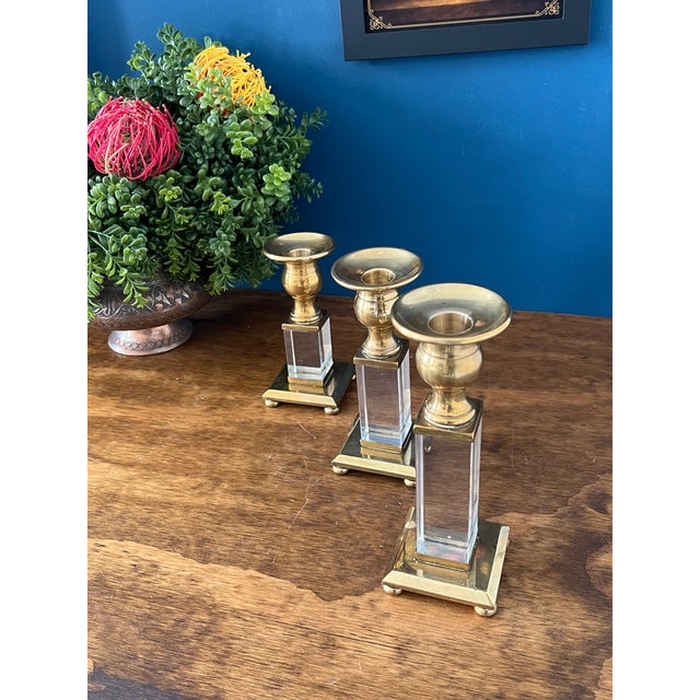 Plastic 1960’s Brass & Lucite Candlestick Holders Set of 3 For Sale - Image 7 of 18