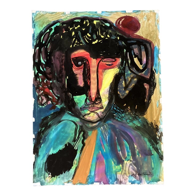 1970’s Original E.J.Hartmann Large Abstract Portrait Painting Signed For Sale