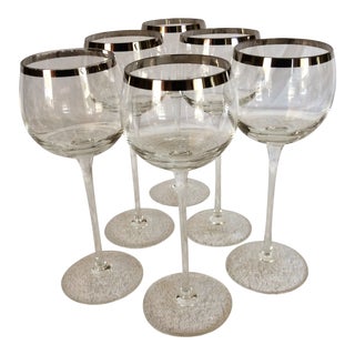 Vintage Crystal Tall Platinum Rim Wine Glasses - Set of 6 For Sale