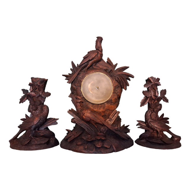 Antique Swiss Black Forest Pheasants Pendulum Clock, 1900, Set of 3 For Sale