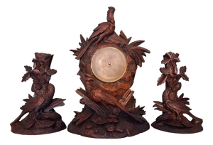 Antique Swiss Black Forest Pheasants Pendulum Clock, 1900, Set of 3