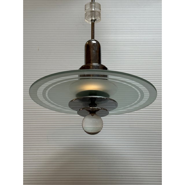 Mid 20th Century Mid 20th Century Art Deco Saturn Etched-Glass + Chrome Chandelier For Sale - Image 5 of 12