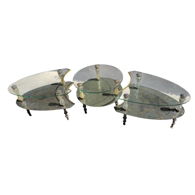 Hollywood Regency Goran 3 Part Glass & Marble Cocktail Table. The round piece is 22.5 x 22.5 x 18.25 The two side pieces...