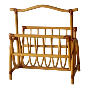 1980s Leather Bound Asian Style Bamboo Magazine Rack Vintage Mid Century