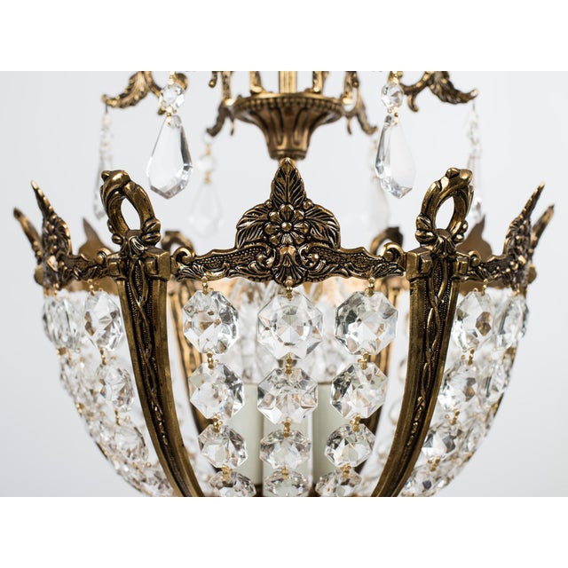 French 1950s Crystal Brass Basket Chandelier For Sale - Image 3 of 8