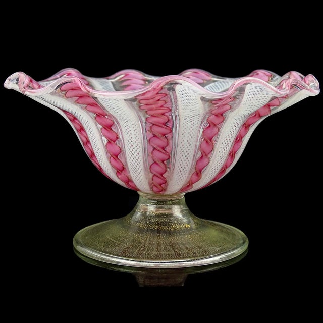 Mid-Century Modern Murano Vintage White Pink Copper Aventurine Ribbons Italian Art Glass Ruffled Rim Gold Leaf Foot Bowl For Sale - Image 3 of 8