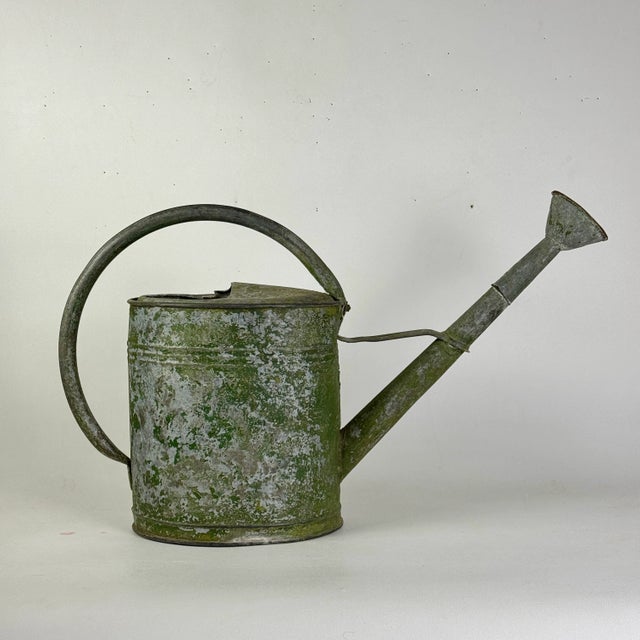 This large vintage European metal watering can is beautiful in form to begin with, and the remnant avocado green paint...