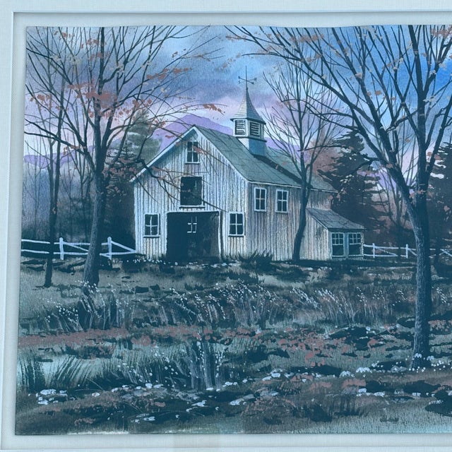 1990s Winter Landscape Barn Sunset Watercolor Painting By: Fambe? Framed, Linen Matting For Sale - Image 4 of 12