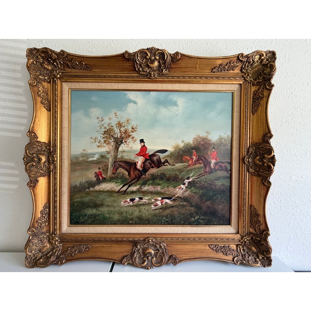 Late 20th Century W. Larsen Original Fox Hunting Oil Painting English Hunt Horses Hounds Framed For Sale - Image 12 of 15