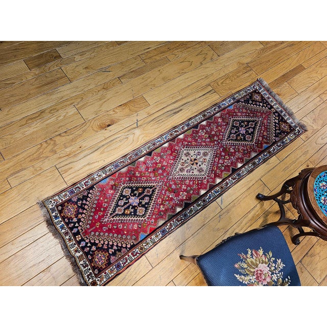 1900 - 1909 Vintage Persian Qashqai Gabbeh Runner Rug, Hand-Knotted Wool, Geometric Medallions Pattern, 2x7, Red & Navy For Sale - Image 5 of 14