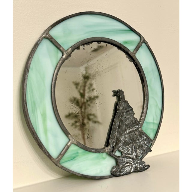 Nautical Coastal Stained Glass & Pewter Finish Ship Wall Accent Mirror For Sale - Image 4 of 11