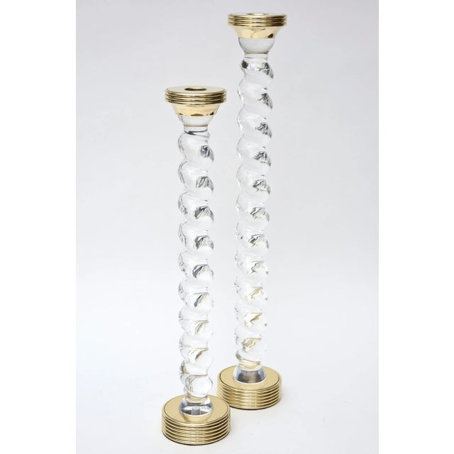 Mid-Century Modern Vintage Rare Twisted Lucite and Brass Stepped Tall Candlesticks Pair Of, 1970's For Sale - Image 3 of 10