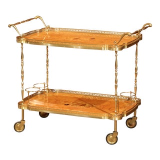 Mid-20th Century French Rosewood and Brass Tea Cart With Marquetry Motifs For Sale