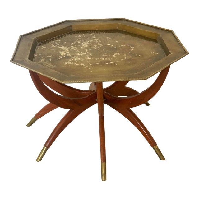 Midcentury Modern Spider Leg Table Octagonal Brass Tray For Sale