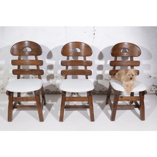Spanish Brutalist Fishbone Chairs in Oak and Bouclé, 1960s, Set of 4 For Sale - Image 17 of 18