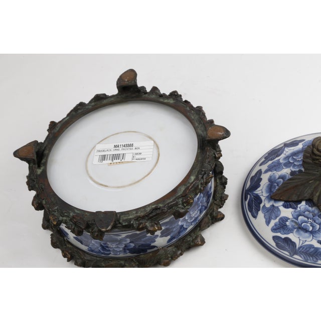 Ceramic Vintage Maitland-Smith Blue and White Porcelain Box With Brass Hand Painted Floral Details For Sale - Image 7 of 13