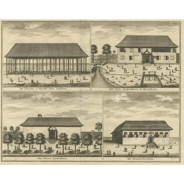 The print appears to be a collection of four separate illustrations arranged in a grid, each depicting notable buildings...
