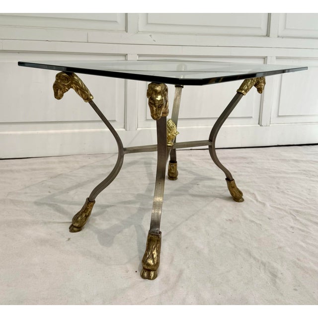 Hollywood Regency Mid-Century Ram’s Head Glass Side Table in the Style of Maison Jansen / LaBarge For Sale - Image 3 of 12