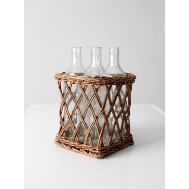 Vintage Wicker Bottle Basket With Glass Bottles For Sale - Image 4 of 15