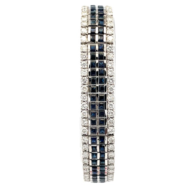 Modern 1950s 14k Gold 6.32 Carat Weight of Diamond & 10.35 CTW Blue Sapphire Tennis Bracelet For Sale - Image 3 of 8