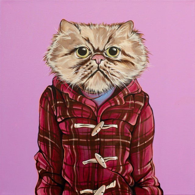 The artwork features a whimsical portrayal of a cat with an exaggerated, expressive face, dressed in a cozy, plaid jacket...