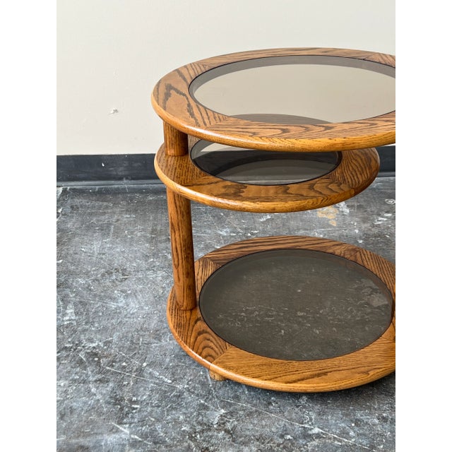 Postmodern Oak and Smoked Glass Swivel Side Table For Sale In Milwaukee - Image 6 of 18