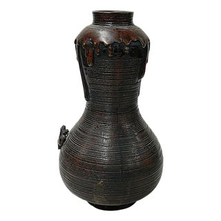 Oriental Gourd Shape Bronze Patina Ribbed Body Metal Vase Art For Sale