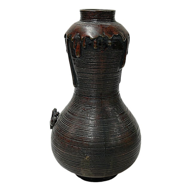 Oriental Gourd Shape Bronze Patina Ribbed Body Metal Vase Art For Sale