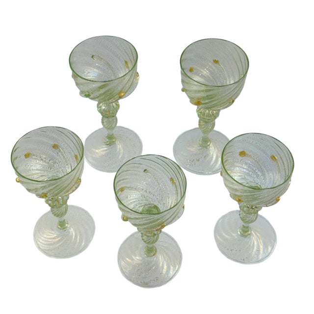Mid 20th Century Venetian Salviati Attributed Green Gold Flecked Stemware - Set of 5 For Sale - Image 4 of 9