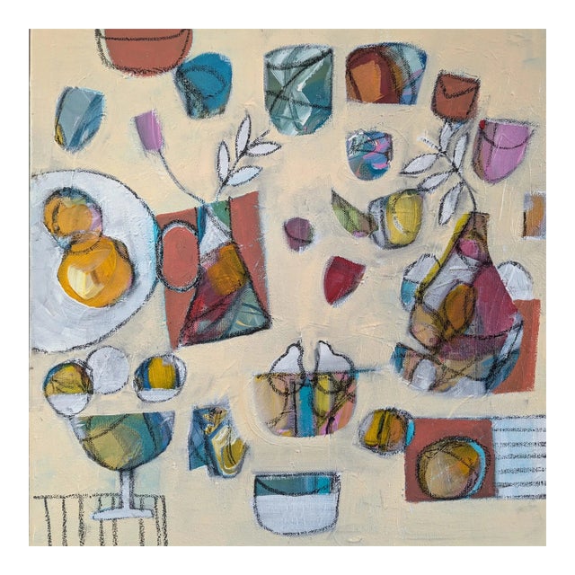 Contemporary 'The Party' Original Abstract Still Life Acrylic and Oil Pastel Painting, Framed For Sale