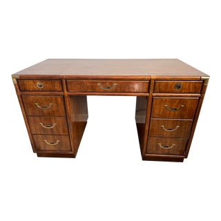 Henredon Drexel 1970s Campaign Style Desk Accolade Partners Desk With Brass Details For Sale