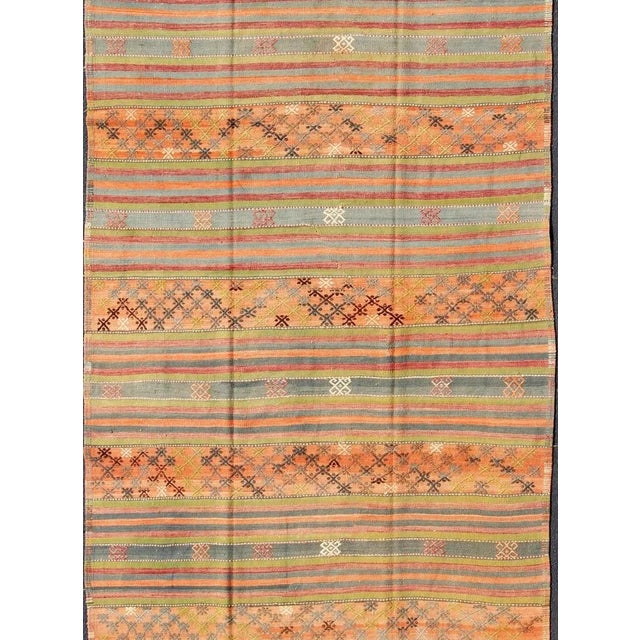 Colorful Vintage Embroidered Kilim With Stripe's and Geometric Motifs 6' X 12 For Sale - Image 4 of 11