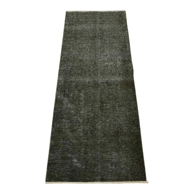 Tabriz Runner 2’4” X 6′ Black Wool Vintage Overdyed Hand-Knotted Rug For Sale