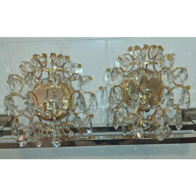 Luxe 1950's Hollywood Regency 24k Plate Frame Austrian Crystal 1/2 Orb Wall Sconces Attributed to Palwa a - Pair For Sale - Image 15 of 17