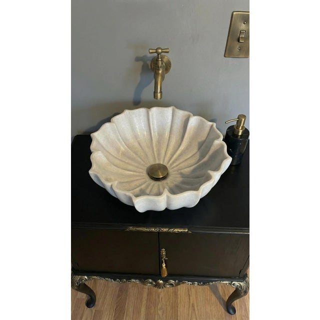 Not Yet Made - Made To Order Hand Carved White Marble Lotus Vessel Sink, Scalloped Flower Stone Bathroom Vanity Sink For Sale - Image 5 of 11