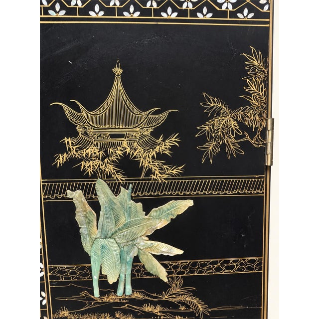 Chinese Vintage 20th-Century Chinese Black Lacquer 4-Panel Folding Screen – Carved Soapstone & Mother-of-Pearl Inlay by Tianshui Feitian For Sale - Image 3 of 8