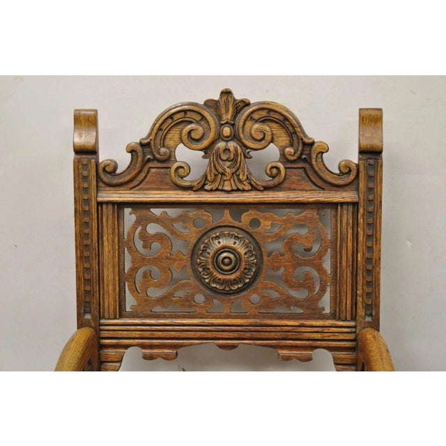 Early 20th Century Antique Vanleigh Carved Oak Italian Renaissance Style Throne Arm Chairs - A Pair For Sale - Image 5 of 12