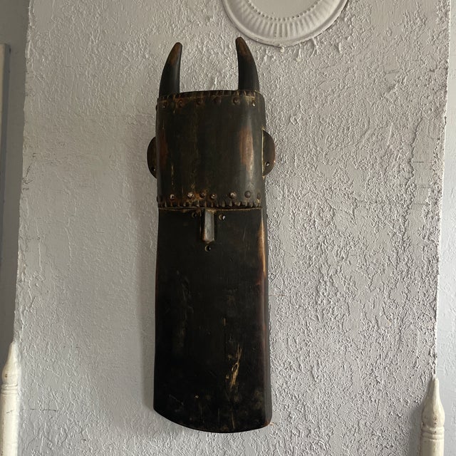 Mid Century West African Style Carved Horn Mask With Metal Overlay, Brutalist Plated Wood Mask For Sale - Image 4 of 6