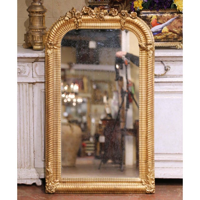 Late 19th Century 19th Century French Louis Philippe Giltwood Arched Mirror With Floral Crest For Sale - Image 5 of 7