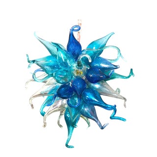 Aqua and Dark Blue Handblown Glass Light Fixture For Sale