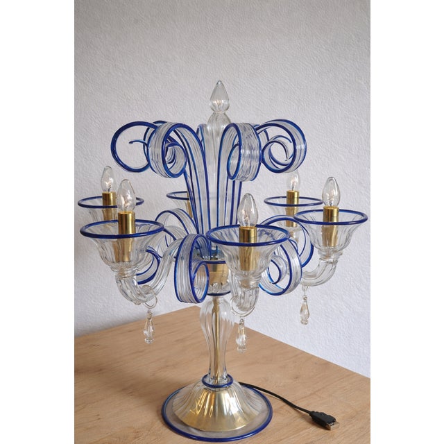 Table Lamp Murano Glass 5 Arms in Clear and Blue For Sale - Image 6 of 6